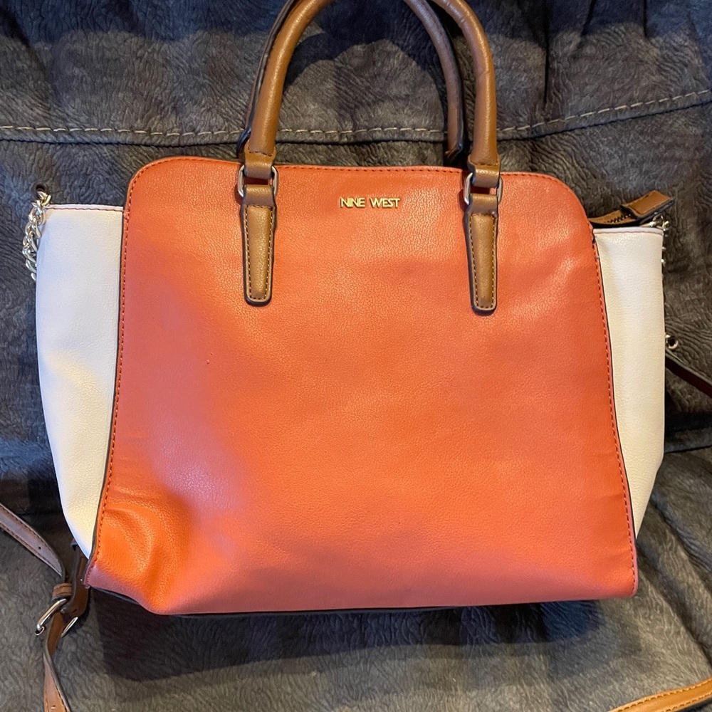 Ninewest coral, cream and brown leather handbag